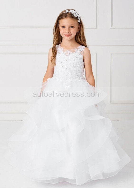 Beaded Lace Tulle Flower Girl Dress With Horsehair Trim